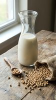 Fresh soy milk in glass carafe with soybeans spilling from burlap sack on rustic wooden table by window for healthy plant-based nutrition and cooking.