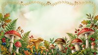 Watercolor forest floor scene with red and brown mushrooms, ferns, berries, and botanical elements arranged as decorative border on cream background, suitable for stationery and design projects.