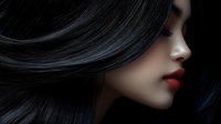 Close-up profile of Asian woman with flowing black hair and bright red lips against dark background. Perfect for beauty and hair care advertising.