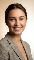 Professional young businesswoman smiling confidently in beige blazer against neutral background for corporate headshot and business presentations.