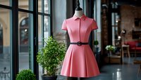 Pink retro style dress with collar and black belt on mannequin in boutique window display, pleated A-line silhouette with short sleeves against blurred storefront.