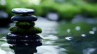 Zen spa stones balanced on water surface with moss and green bokeh background for meditation wellness and relaxation therapy treatments.