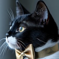Close-up portrait of elegant black and white cat wearing golden bow tie collar, featuring bright yellow eyes and distinguished profile against dark background.