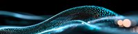 Glowing blue digital wave pattern with scattered light particles flowing on black background creates futuristic technology visualization effect.