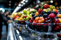 Fresh mixed berries including strawberries, blueberries, and raspberries displayed in glass bowls at a market or grocery store. Vibrant produce arrangement for food retail, culinary, and healthy eating content.