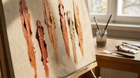 Textured oil paint strokes in warm earth tones on canvas, artist easel in sunlit studio with brushes and paint tubes in background.