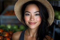 Young Asian woman wearing straw hat smiling at camera with fresh produce market background, natural makeup and glowing skin, long dark hair falling on shoulders.