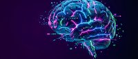 Digital brain with glowing neural networks and electric connections on dark purple background for technology and artificial intelligence concepts.