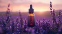 Amber glass essential oil dropper bottle among blooming lavender field at sunset. Purple flowers frame natural aromatherapy product in dreamy evening light.