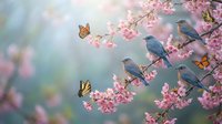 Spring cherry blossom branches with colorful birds and butterflies in soft pastel garden setting for nature and seasonal design projects.