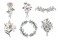 Isolated botanical line art illustrations featuring rose, carnation, lily, and foliage elements with wreath and garland designs for wedding invitations, greeting cards, and decorative projects.