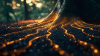 Glowing orange particles flow in magical streams against dark background, creating luminous paths with bokeh effect and mystical atmosphere.