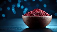 Red dried goji berries in wooden bowl on dark background with blue bokeh lights, superfood and healthy eating concept for wellness lifestyle.