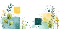 Watercolor abstract composition with green and yellow botanical elements, geometric shapes, and splatter texture on white background.