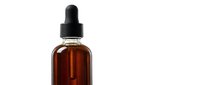 Amber glass dropper bottle with black rubber bulb and pipette isolated on white background for cosmetic serum oil tincture packaging design.