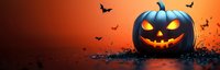 Glowing blue halloween pumpkin with carved face and flying bats against orange background, spooky seasonal banner format composition.