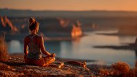 Woman practicing yoga meditation on cliff overlooking ocean at golden sunset. Peaceful mindfulness retreat wellness lifestyle for stress relief and relaxation.