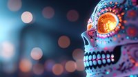 Decorative sugar skull with glowing orange eye and intricate pink and blue patterns against blurred bokeh background, celebrating Day of the Dead traditions.