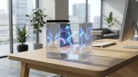 Futuristic holographic display cube with glowing blue neural network patterns on modern office desk. Digital technology concept for presentations and data visualization.