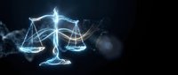 Glowing digital scales of justice with bright blue light effects on dark background for legal technology and law firm presentations.