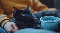 Black long-haired cat resting on lap next to blue ceramic water bowl while being petted, moody atmospheric lighting creates cozy domestic scene.