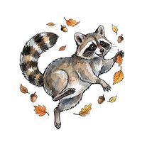 Playful raccoon jumping among falling autumn leaves, isolated on white background, ready for clipart, t-shirt design, and creative projects.