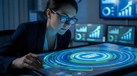 Professional businesswoman analyzing holographic data visualization and digital charts in modern office environment for corporate technology presentations.