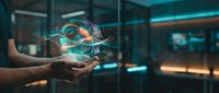 Hands holding glowing digital sphere with swirling energy waves in modern office environment, representing innovation, technology, data processing, and future business solutions.