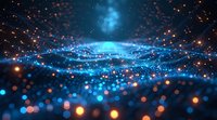 Abstract digital landscape with glowing blue network waves and orange particle effects, perfect for technology, AI, and digital transformation concepts.