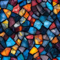 Abstract mosaic pattern with vibrant blue, orange, red and yellow fragments creating stained glass effect. Seamless repeat design for fabric, wallpaper and surface patterns.