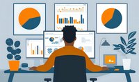 Data analyst working at multi-monitor setup analyzing business statistics and financial charts, modern workplace interior with plants, flat illustration perfect for business presentations.