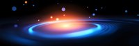 Glowing spiral galaxy with orange and blue light trails against dark space background, cosmic energy vortex with luminous orbiting paths and distant stars.