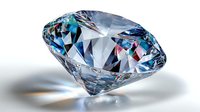 Sparkling diamond with brilliant facets reflecting blue and pink hues on white background, casting colorful shadows.