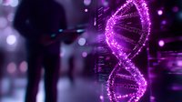 Glowing purple DNA helix structure with digital code elements on dark background, representing genetic research and biotechnology advancement in modern science.