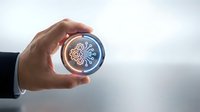 Hand holding glowing circular digital interface with intricate pattern design for technology and innovation concepts in business presentations.