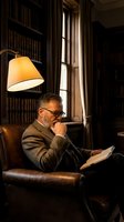 Mature man with gray hair and glasses reading book in leather armchair under warm lamp in library with bookshelves and window light for editorial and lifestyle use.