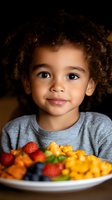 Adorable mixed-race toddler with curly hair enjoying healthy colorful fruit snacks at mealtime, promoting nutritious eating habits for young children.