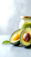 Fresh ripe avocado halves with green smoothie jar on clean white background for healthy eating and nutrition concepts.