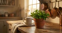 Cozy rustic kitchen interior with fresh green herb plant in terracotta pot on wooden table, warm sunlight streaming through window creating peaceful atmosphere.