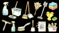 Cleaning supplies collection with spray bottle, mop bucket, broom, dustpan, gloves, laundry detergent, washing machine and brushes isolated on transparent background. Ready for t-shirt design, clipart, stickers and print-on-demand products.