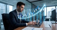 Professional businessman analyzing financial data on laptop with rising stock market chart overlay in modern office environment for investment success.