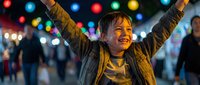 Young Asian boy celebrating with raised arms at colorful night festival with bokeh lights and crowd background.