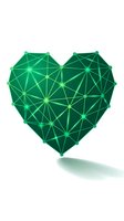 Green geometric heart with glowing network connections and triangular polygonal structure on white background for technology and love concepts.