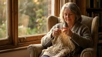 Senior woman with gray hair, Caucasian ethnicity, sitting in armchair by window, knitting with yarn and needles. Warm natural light, cozy home interior, peaceful hobby activity.