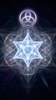 Glowing sacred geometry with star tetrahedron and trinity symbol against cosmic starry background for spiritual meditation and energy healing designs.
