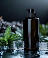 Black cosmetic bottle with pump dispenser alongside fresh mint leaves and ice cubes on dark background with water drops, luxury skincare concept.