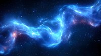 Cosmic nebula with vibrant blue energy streams flowing through starry space, featuring luminous wisps and celestial formations against dark universe background.