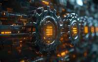 Futuristic mechanical gears with glowing orange core elements against dark background, digital technology concept representing automation and innovation process.