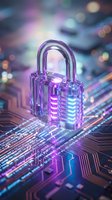 Glowing digital padlock on circuit board with neon lights representing cybersecurity, data protection and network security in futuristic technology concept.