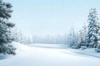 Serene winter landscape with snow-covered pine trees and gentle hills under light snowfall against pale blue sky.